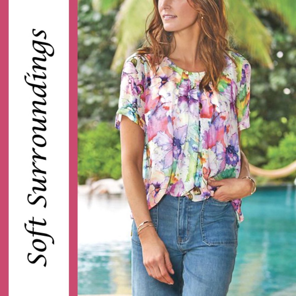 Soft Surroundings | 'Coastal Breeze' Watercolor Floral Blouse Top